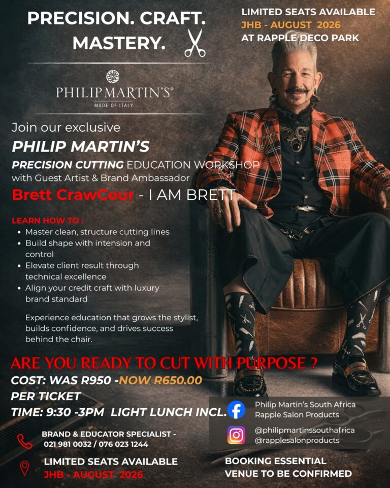 Promotional poster for Philip Martin's Precision Cutting Education Workshop featuring guest artist Brett CrawCour, August 2026 at Rappel Deco Park with limited seats.